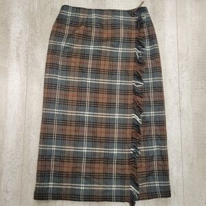 VTG Plaid Fringe Wool Blend Wrap Skirt Size 14
